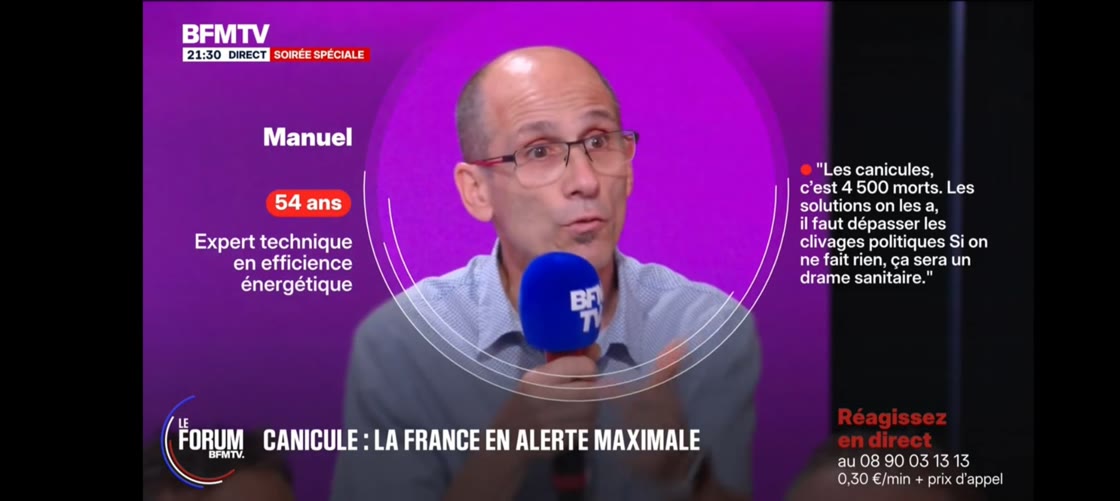 Manuel Correia, expert technique en efficience énergétique, en direct sur BFMTV lors d'une soirée spéciale canicule